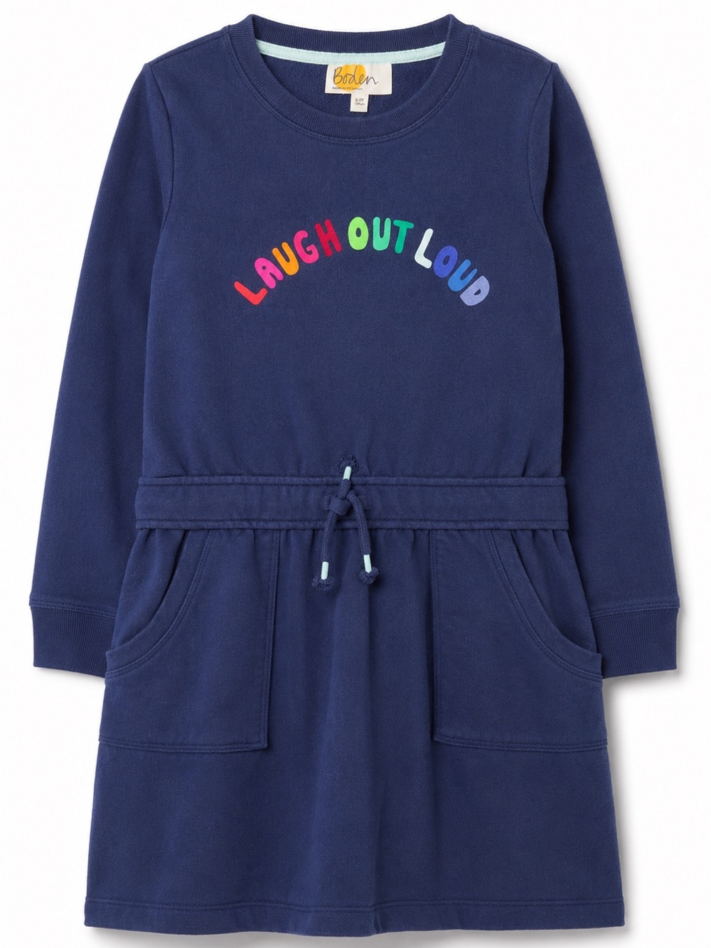 Mini Boden Navy Sweatshirt Dress Girls 8-9 Years Rainbow Graphic Pockets